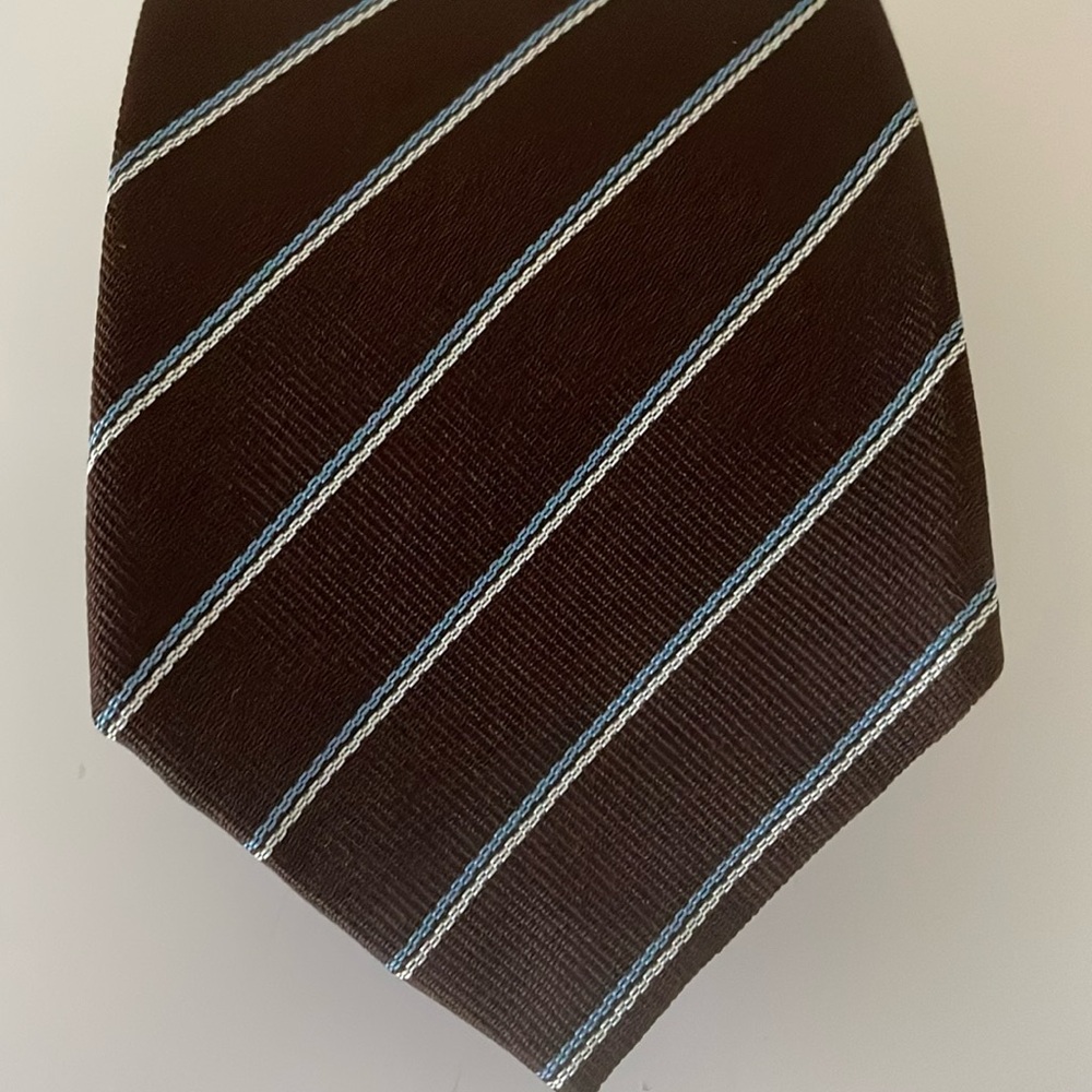 John Comfort Men’s Silk Brown with Blue Striped Tie made in England 56”